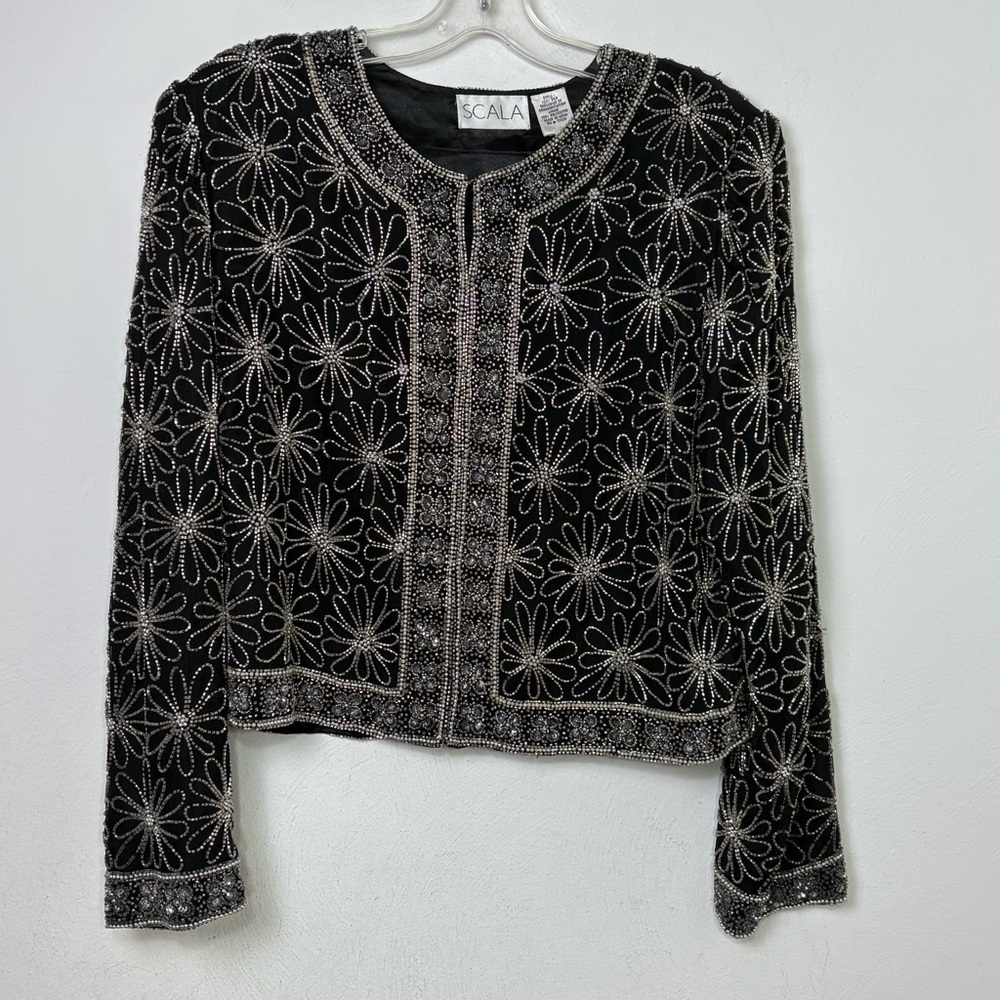 SCALA Embroidered Silk Formal Evening Jacket Silver Floral Beading - Picture 6 of 16